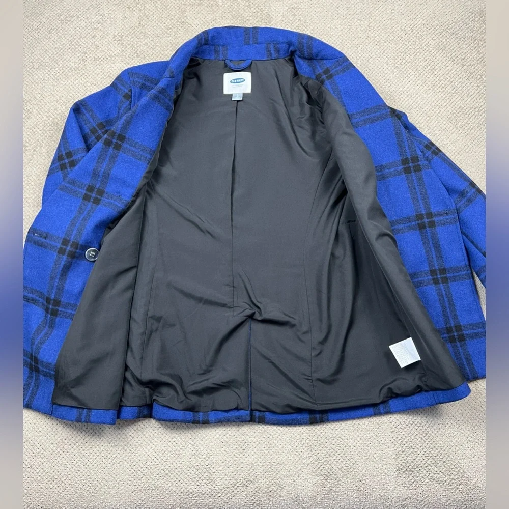 Old Navy Women’s Large Blue Black Plaid Double Breasted Mid Length Wool Peacoat - Picture 4 of 10